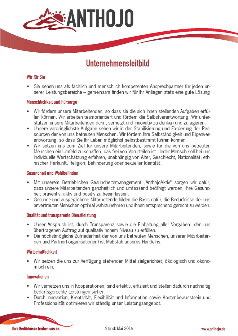 Unternehmensleitbild mit Schwerpunkte auf: Menschlichkeit und Fürsorge, Gesundheit und Wohlbefinden, Qualität und transparente Dienstleistung, Wirtschaftlichkeit und Innovationen